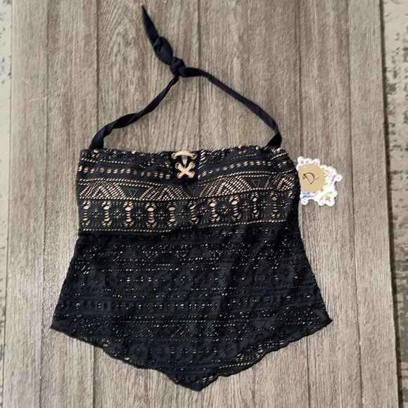 Becca La Boheme Lace Crochet Tankini Top Black Nude D Cup 8-10 - Picture 1 of 9